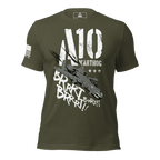 Military green t-shirt from a flat front view, with an A-10 Warthog and white American flag on the right sleeve.