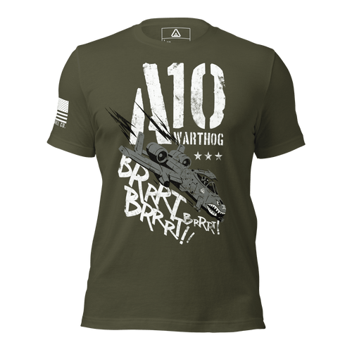 Military green t-shirt from a flat front view, with an A-10 Warthog and white American flag on the right sleeve.