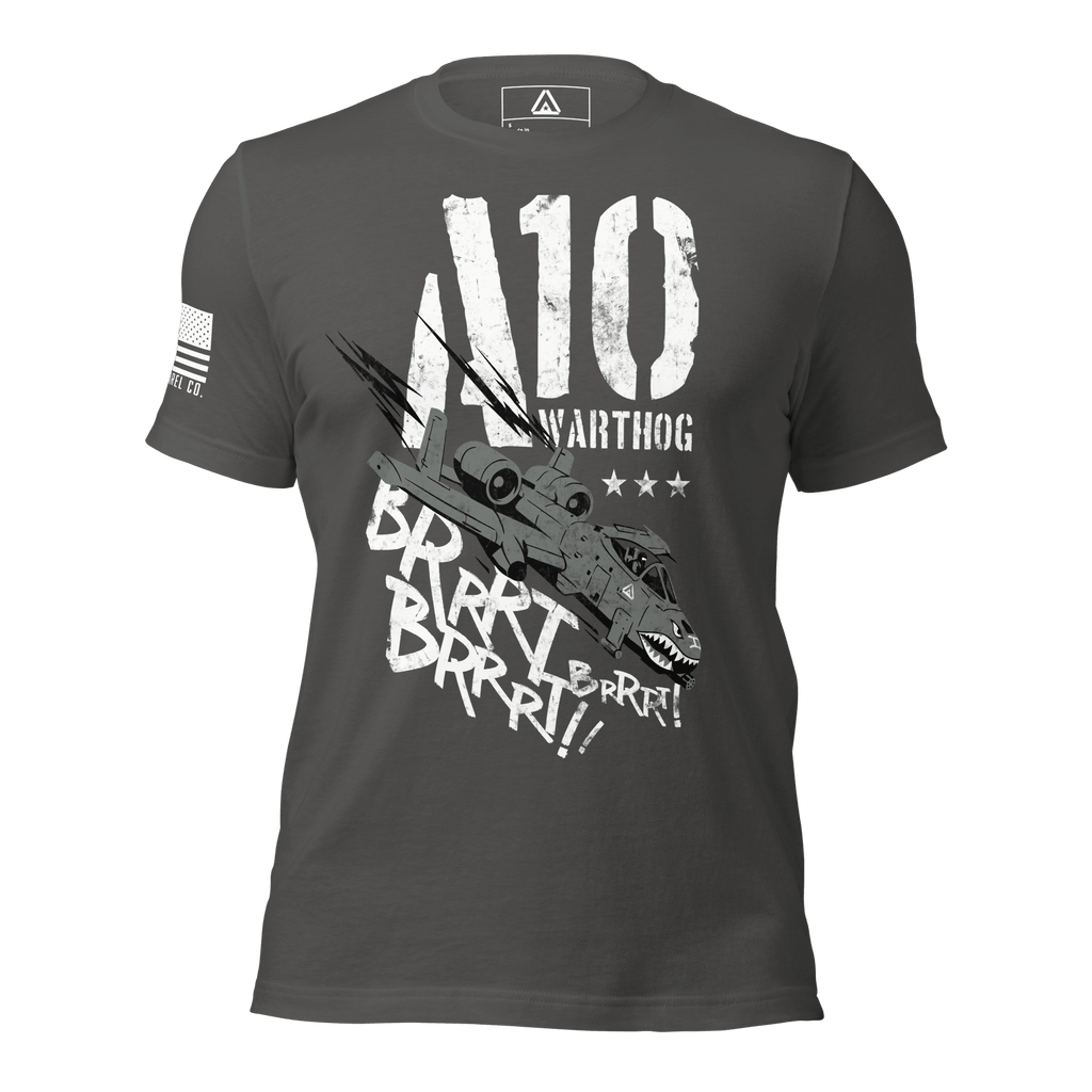 Asphalt t-shirt from a flat front view, with an A-10 Warthog and white American flag on the right sleeve.