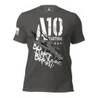 Asphalt t-shirt from a flat front view, with an A-10 Warthog and white American flag on the right sleeve.