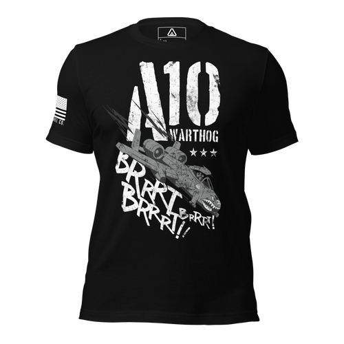 Black t-shirt from a flat front view, with an A-10 Warthog and white American flag on the right sleeve.