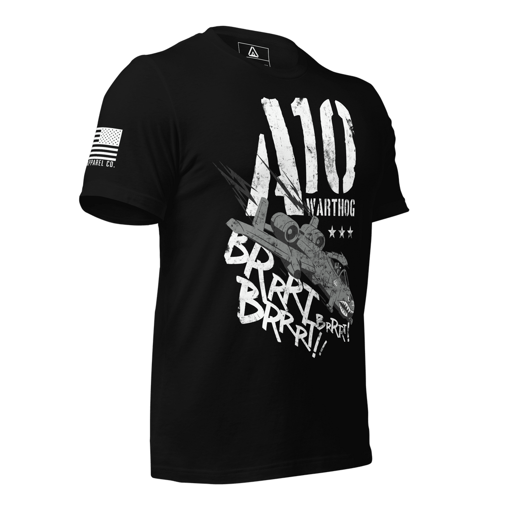 Black t-shirt from a three-quarter view angled left, with an A-10 Warthog and white American flag on the right sleeve.