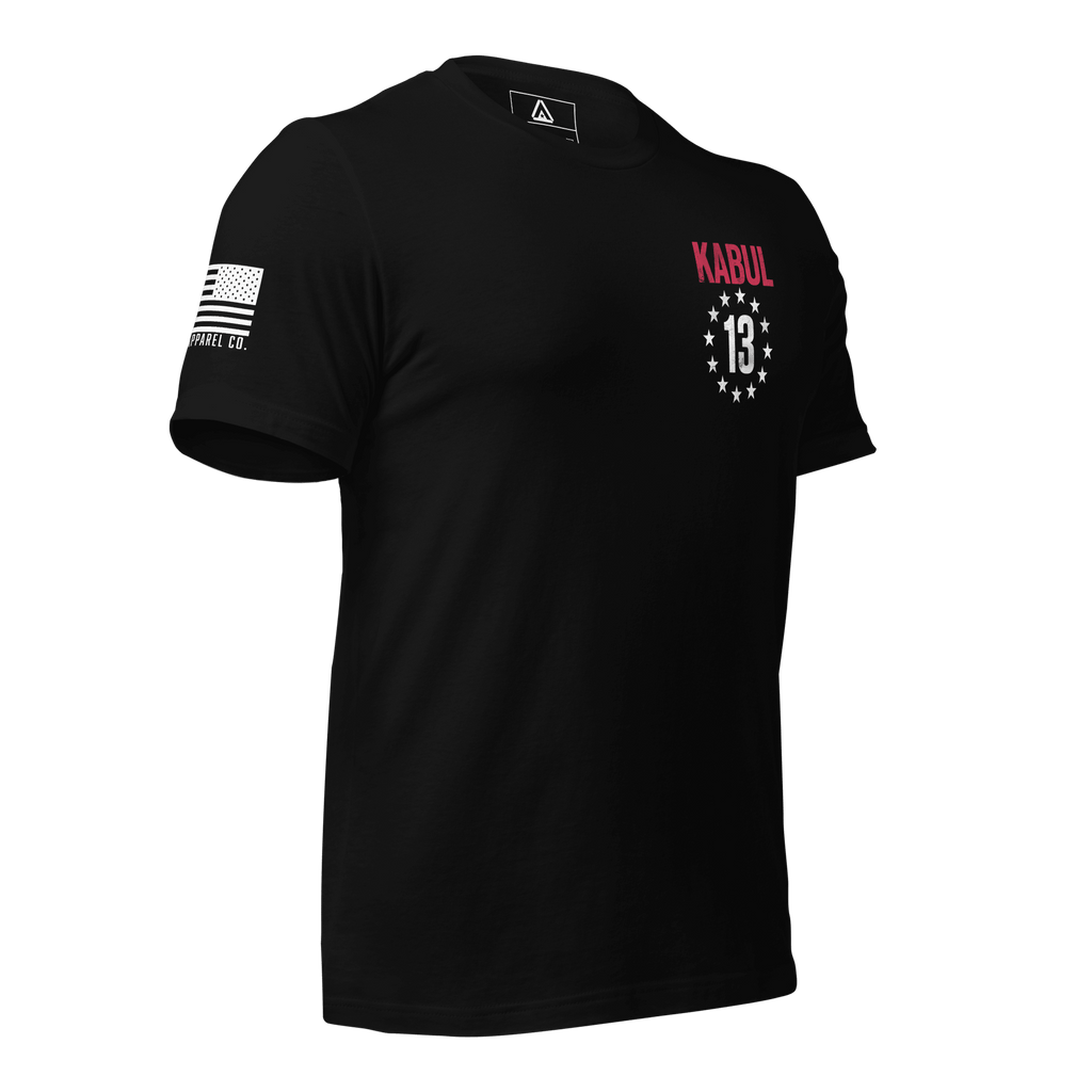 Black t-shirt, three-quarter view angled right, Kabul 13 left chest print, American flag on the right sleeve.