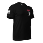 Black t-shirt, three-quarter view angled right, Kabul 13 left chest print, American flag on the right sleeve.