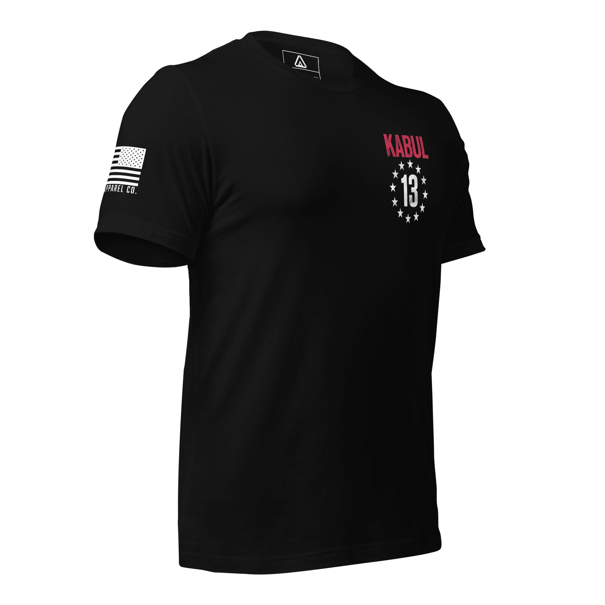 Black t-shirt, three-quarter view angled right, Kabul 13 left chest print, American flag on the right sleeve.