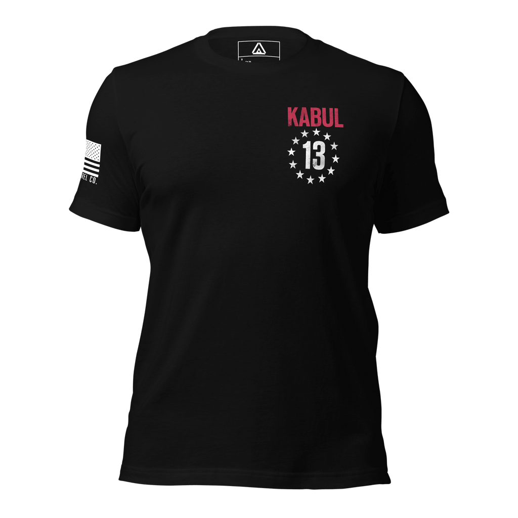 Black t-shirt front view, featuring a Kabul 13 left chest print, American flag on the right sleeve.