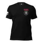 Black t-shirt front view, featuring a Kabul 13 left chest print, American flag on the right sleeve.