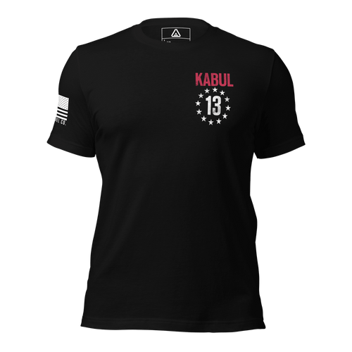 Black t-shirt front view, featuring a Kabul 13 left chest print, American flag on the right sleeve.