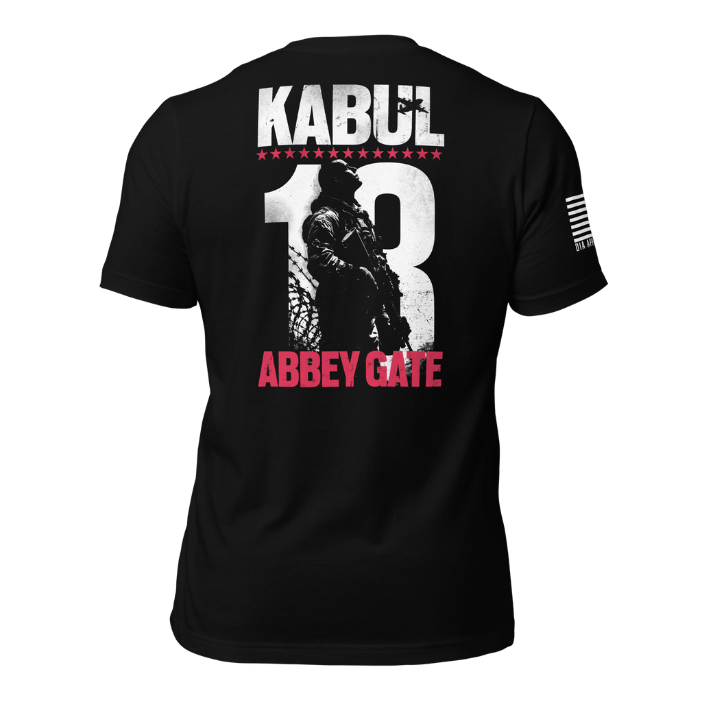 Black t-shirt back view, with a large Kabul 13 Abbey Gate graphic, American flag on the right sleeve.