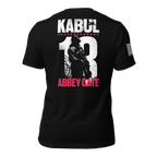 Black t-shirt back view, with a large Kabul 13 Abbey Gate graphic, American flag on the right sleeve.