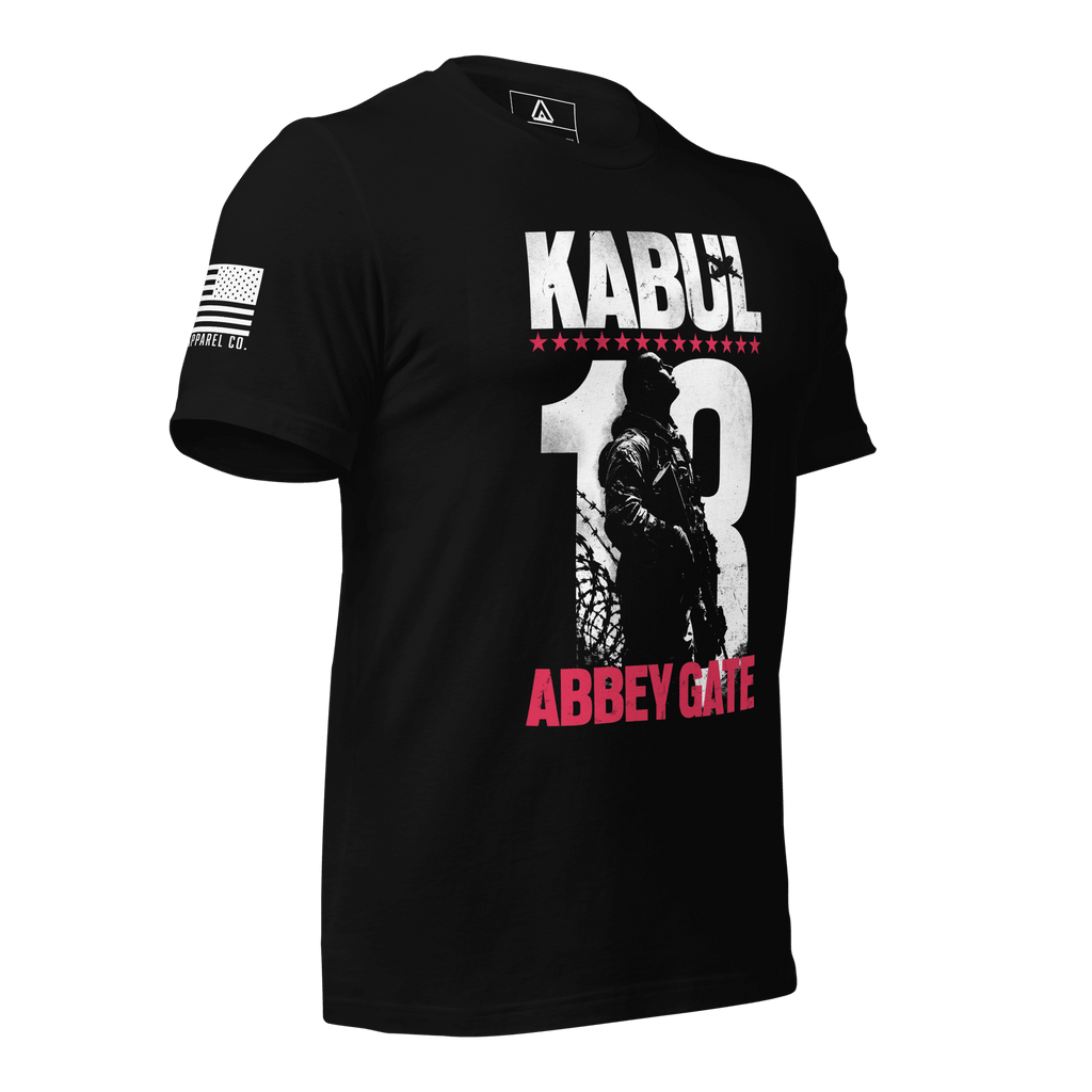 Black t-shirt, three-quarter view angled right, Kabul 13 Abbey Gate front graphic, American flag on right sleeve.
