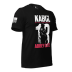 Black t-shirt, three-quarter view angled right, Kabul 13 Abbey Gate front graphic, American flag on right sleeve.