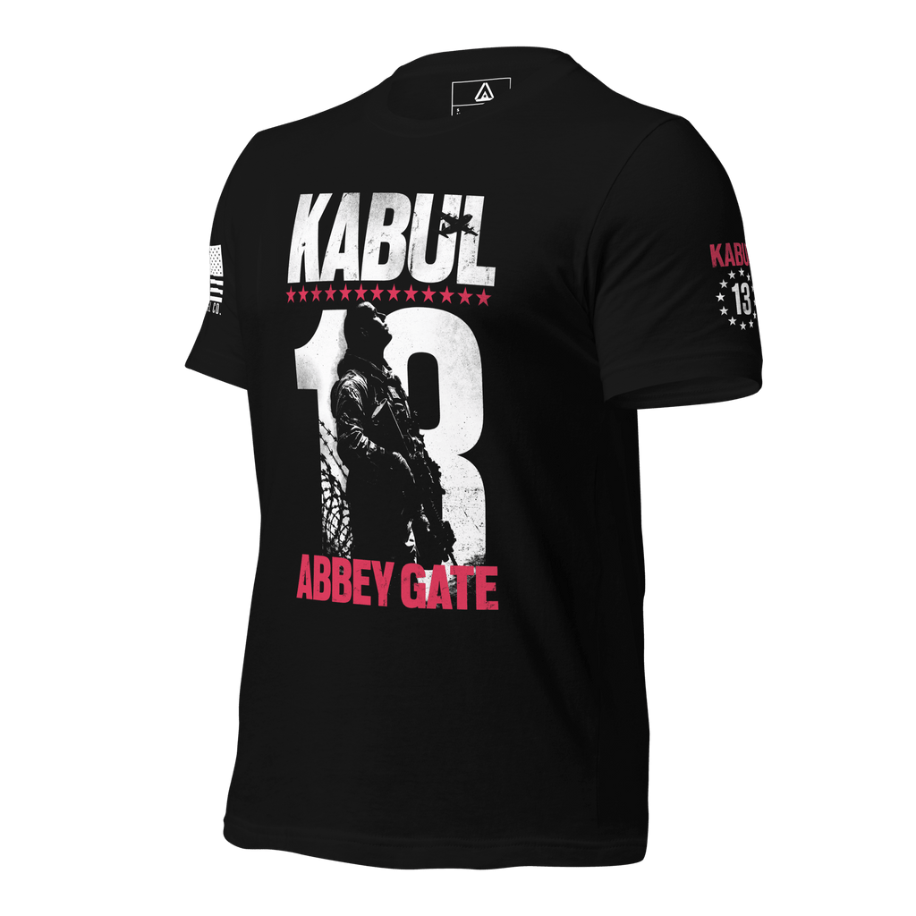 Black t-shirt, three-quarter view angled left, Kabul 13 Abbey Gate front graphic, left sleeve with a Kabul 13 graphic.