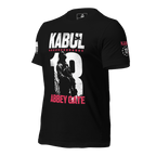 Black t-shirt, three-quarter view angled left, Kabul 13 Abbey Gate front graphic, left sleeve with a Kabul 13 graphic.