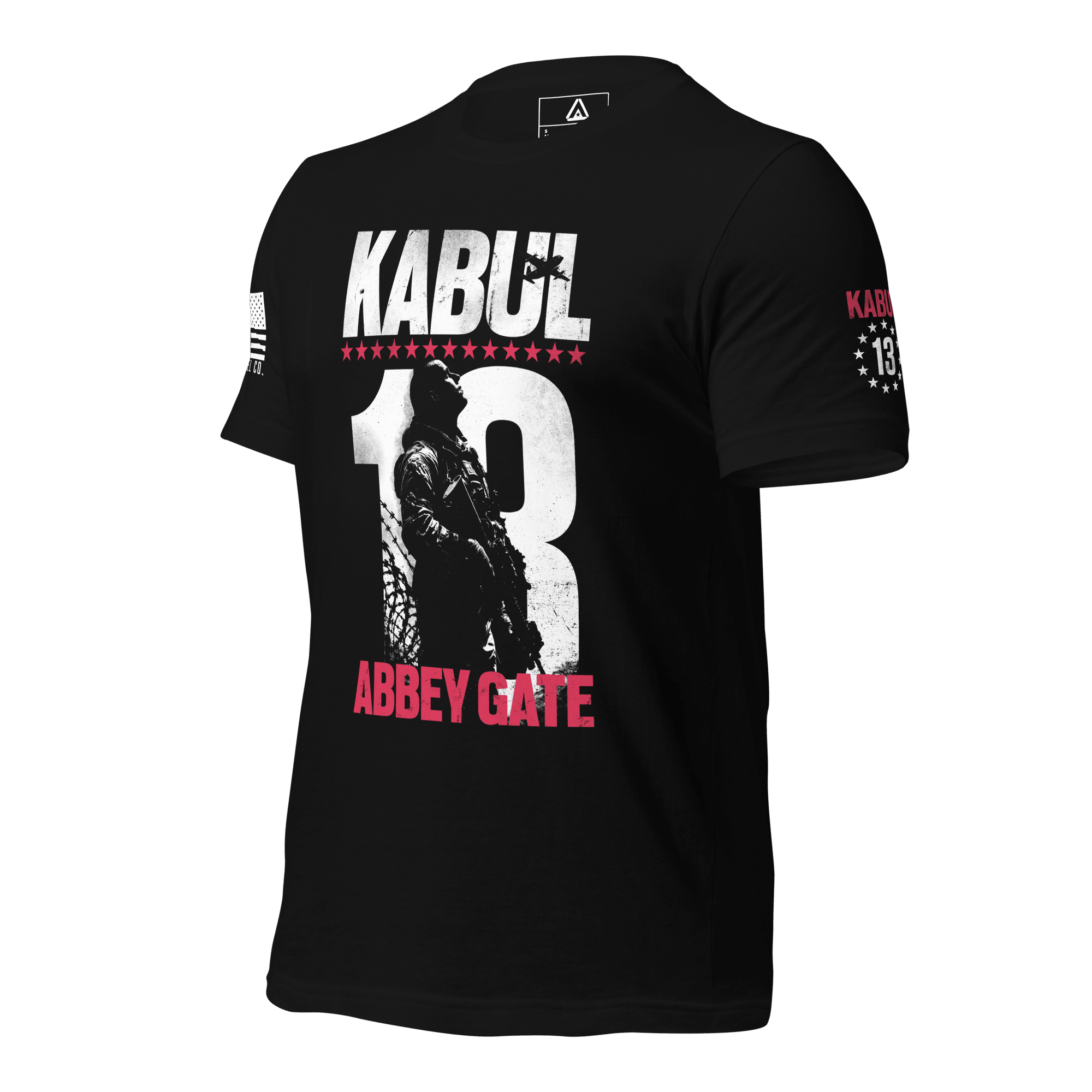 Black t-shirt, three-quarter view angled left, Kabul 13 Abbey Gate front graphic, left sleeve with a Kabul 13 graphic.