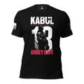Black t-shirt front view, with a Kabul 13 Abbey Gate graphic, American flag sleeve, and Kabul 13 sleeve print.