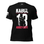 Black t-shirt front view, with a Kabul 13 Abbey Gate graphic, American flag sleeve, and Kabul 13 sleeve print.