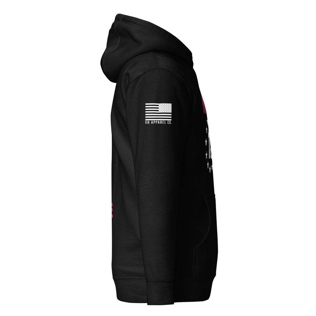 Black hoodie shown from the right side view, featuring a white American flag patch with "DIA APPAREL CO." on the sleeve.