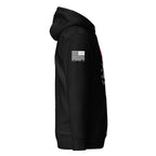Black hoodie shown from the right side view, featuring a white American flag patch with "DIA APPAREL CO." on the sleeve.