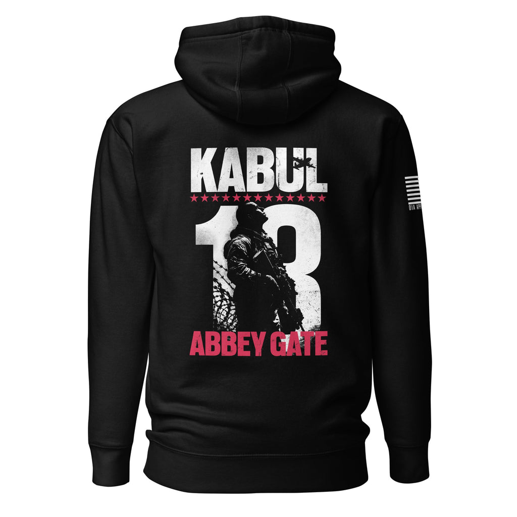Black hoodie featuring Kabul 13 Abbey Gate back graphic, American flag patch, and DIA logo on the sleeves.