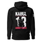 Black hoodie featuring Kabul 13 Abbey Gate back graphic, American flag patch, and DIA logo on the sleeves.