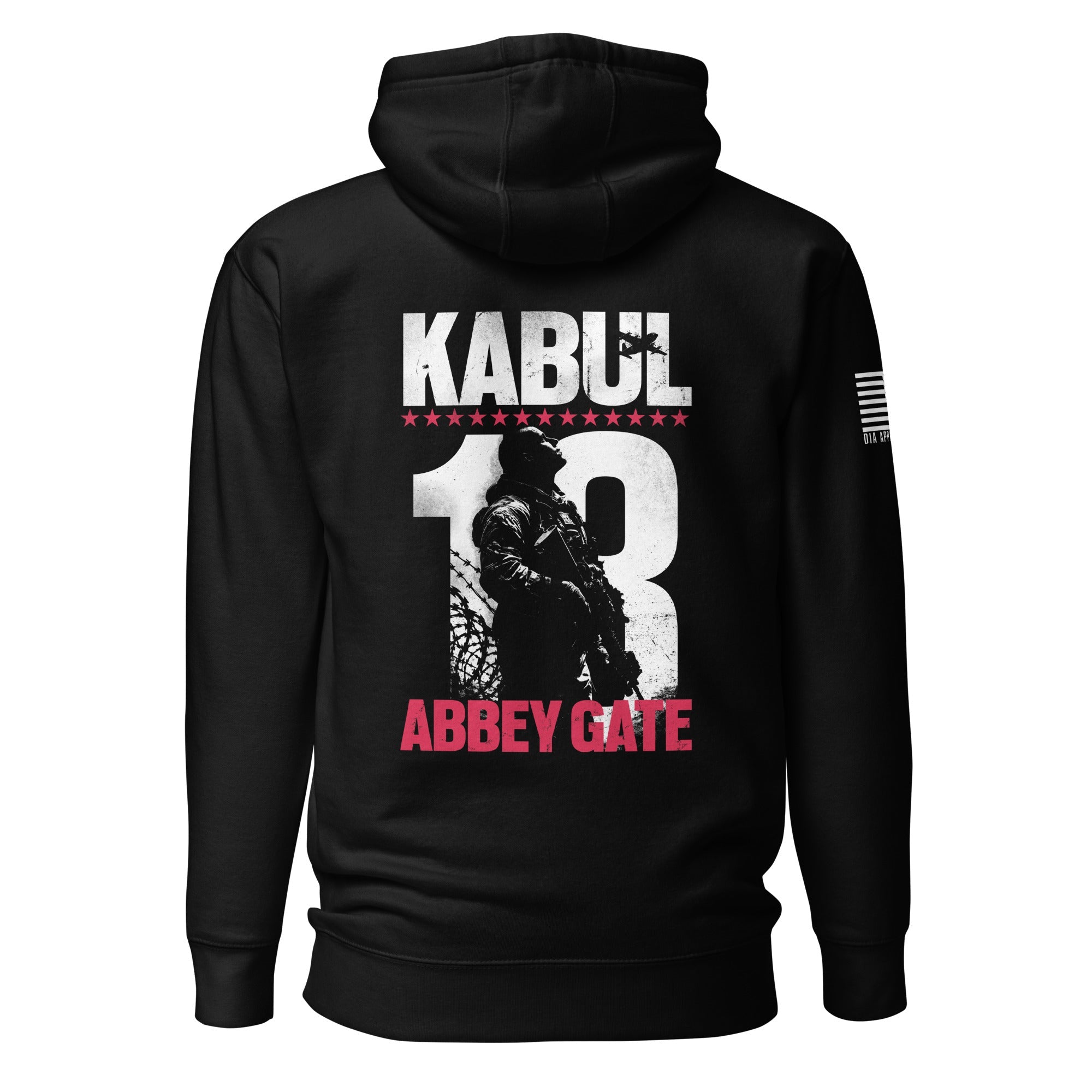 Black hoodie featuring Kabul 13 Abbey Gate back graphic, American flag patch, and DIA logo on the sleeves.
