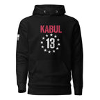 Black hoodie featuring red "KABUL" and star-circled 13 chest emblem, American flag patch, and DIA logo on the sleeves.