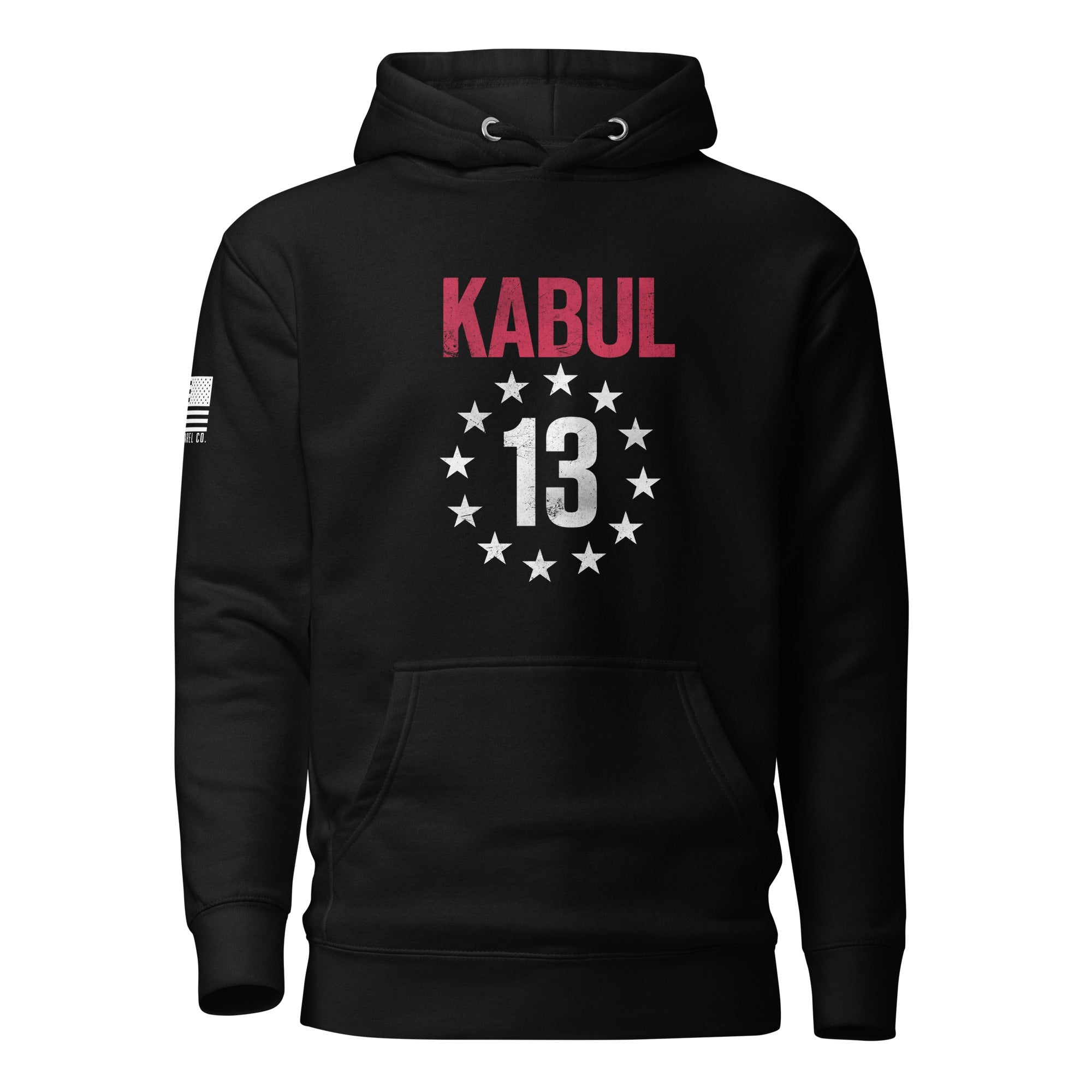 Black hoodie featuring red "KABUL" and star-circled 13 chest emblem, American flag patch, and DIA logo on the sleeves.