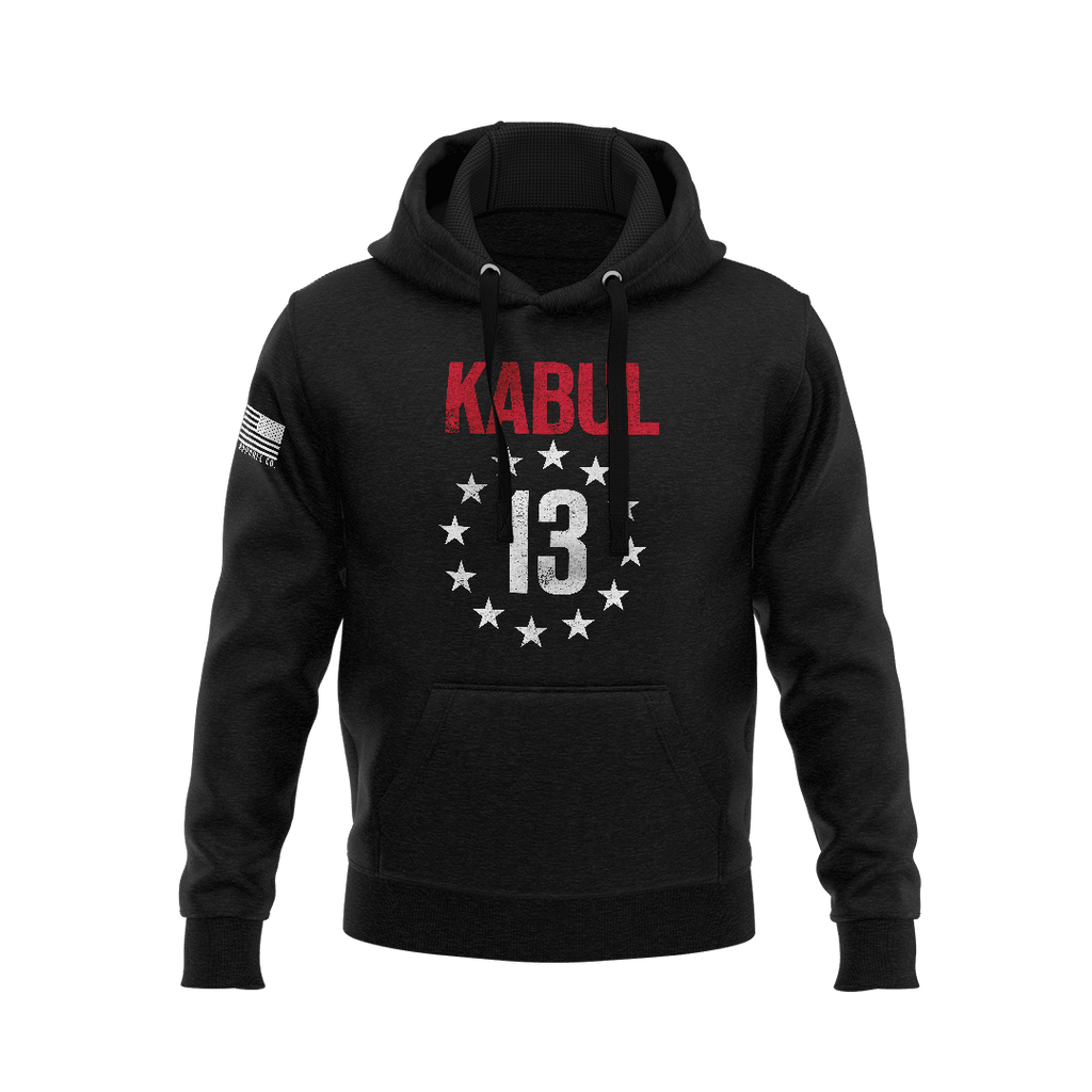 Black hoodie with front "KABUL 13" graphic circled by stars and an American flag patch on the right sleeve.