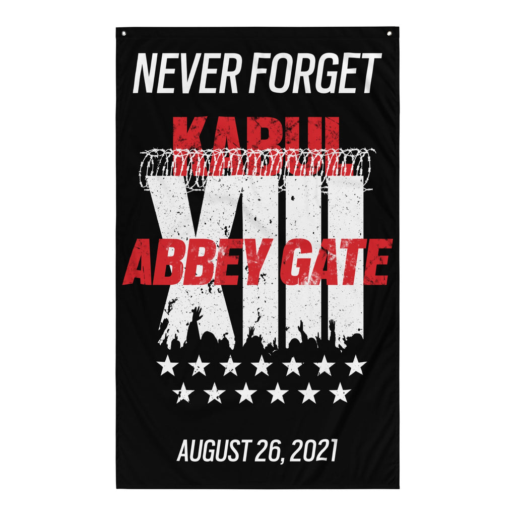 Vertical black flag featuring a Kabul memorial design with Roman numeral XIII, red Abbey Gate text, and 13 stars.
