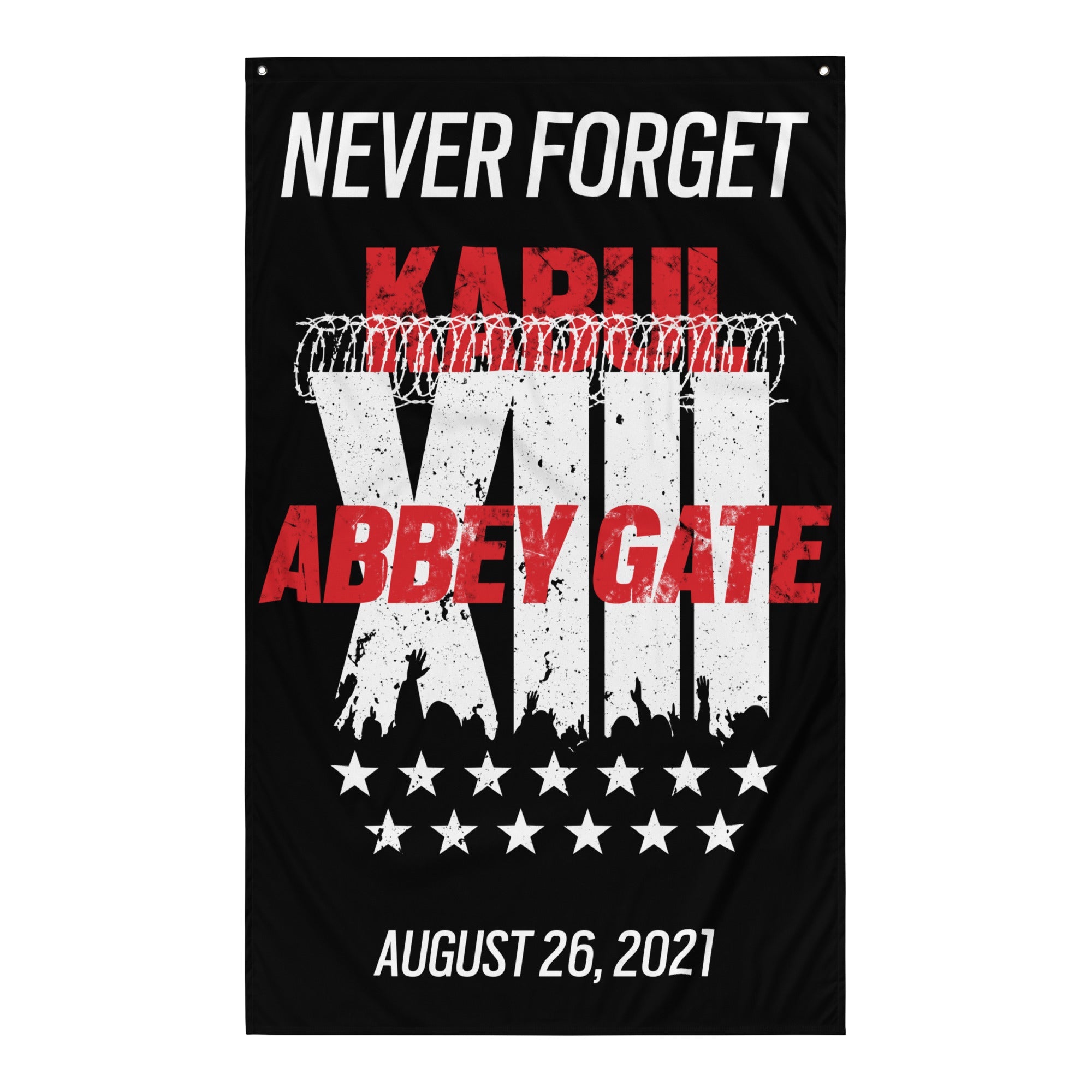 Vertical black flag featuring a Kabul memorial design with Roman numeral XIII, red Abbey Gate text, and 13 stars.