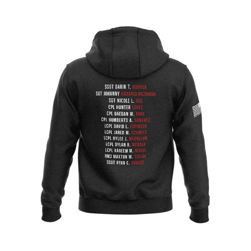 Black hoodie back with Abbey Gate names and an American flag on the sleeve.