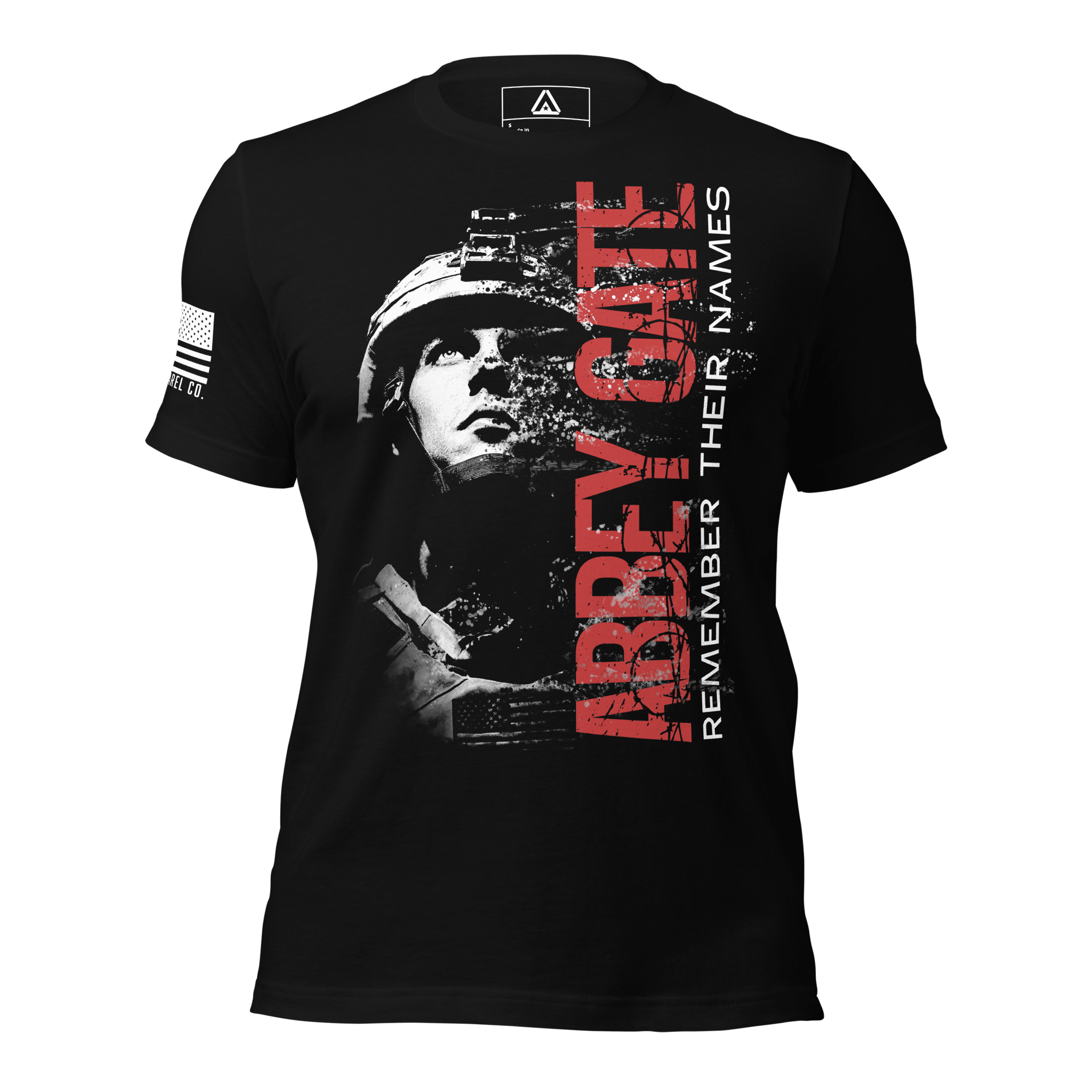 Black t-shirt with "ABBEY GATE REMEMBER THEIR NAMES" in red and white, soldier graphic, and US flag on the sleeve.