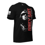 Angled black t-shirt, "ABBEY GATE REMEMBER THEIR NAMES" in red/white, soldier graphic, and American flag on sleeve.