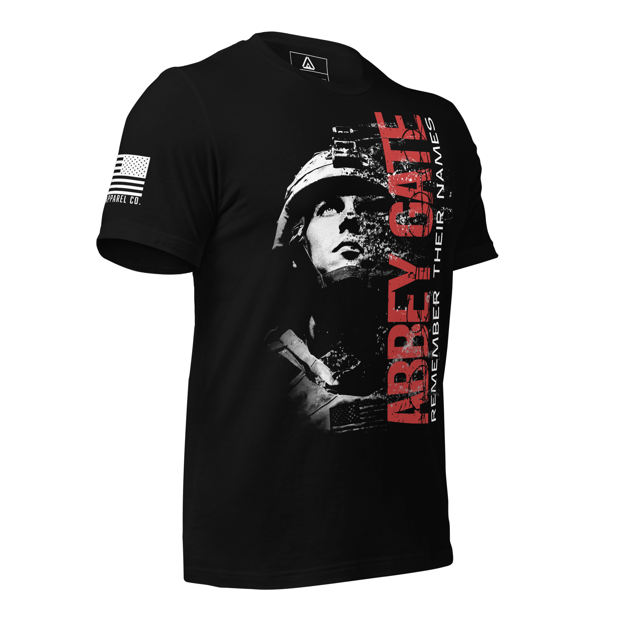 Angled black t-shirt, "ABBEY GATE REMEMBER THEIR NAMES" in red/white, soldier graphic, and American flag on sleeve.