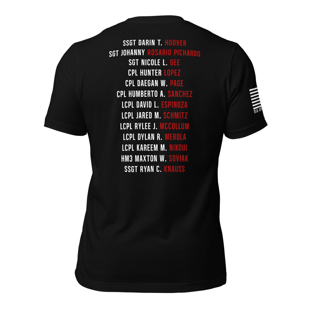 Back of black t-shirt listing military names in white and red, with American flag and "DIA APPAREL CO" on sleeve.