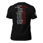 Back of black t-shirt listing military names in white and red, with American flag and "DIA APPAREL CO" on sleeve.