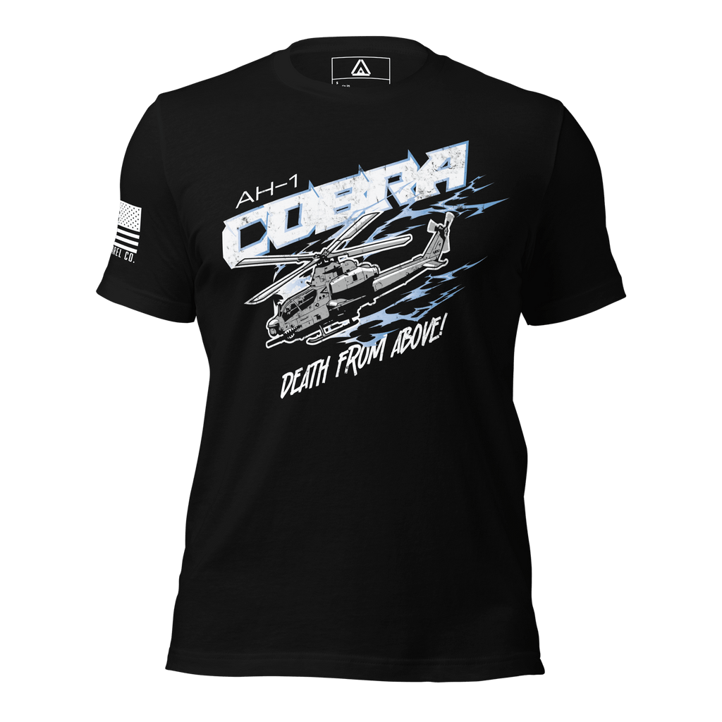 Black t-shirt featuring an AH-1 Cobra graphic and an American flag on the sleeve.