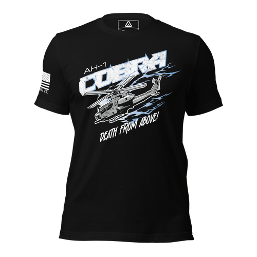 Black t-shirt featuring an AH-1 Cobra graphic and an American flag on the sleeve.