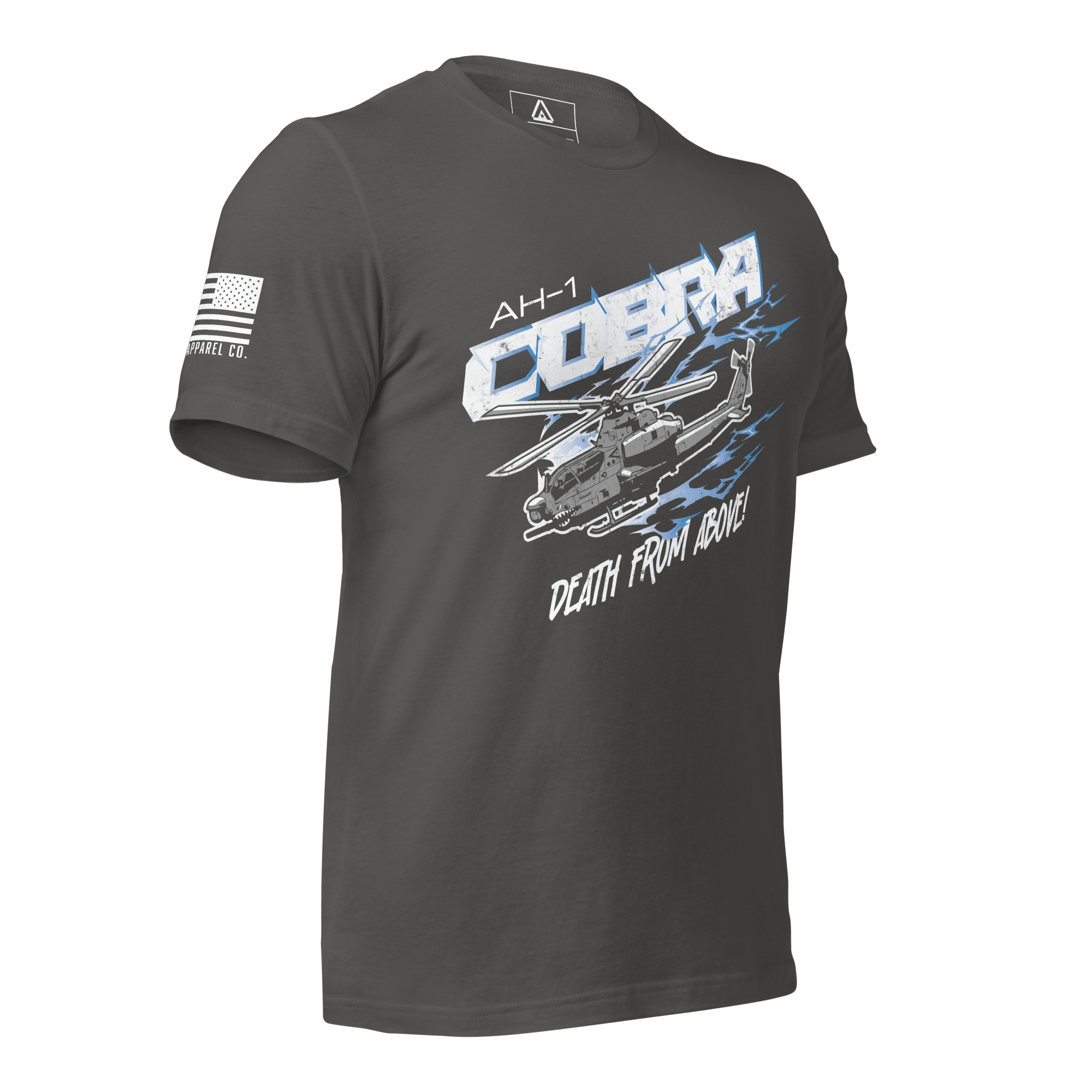 Asphalt t-shirt in a three-quarter view, featuring an AH-1 Cobra graphic and American flag on the sleeve.