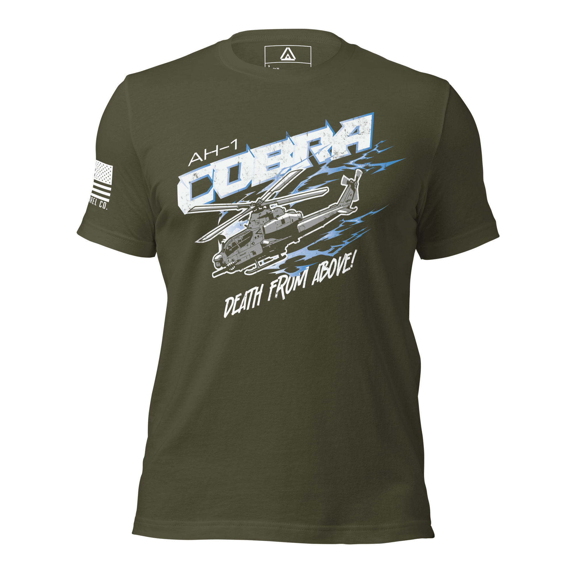 Military green t-shirt featuring an AH-1 Cobra graphic and an American flag on the sleeve.
