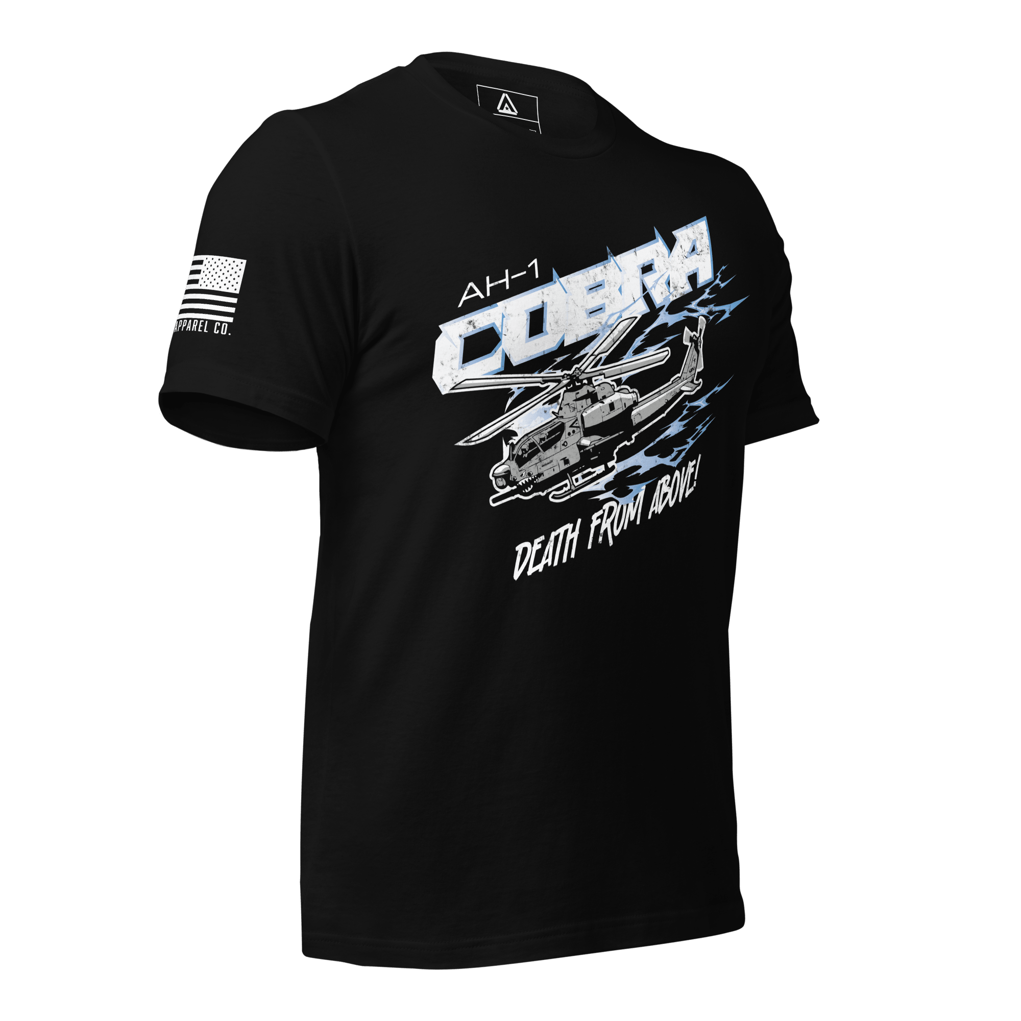 Black t-shirt in a three-quarter view, featuring an AH-1 Cobra graphic and American flag on the sleeve.