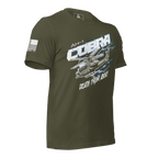 Military green t-shirt in a three-quarter view, featuring an AH-1 Cobra graphic and American flag on the sleeve.