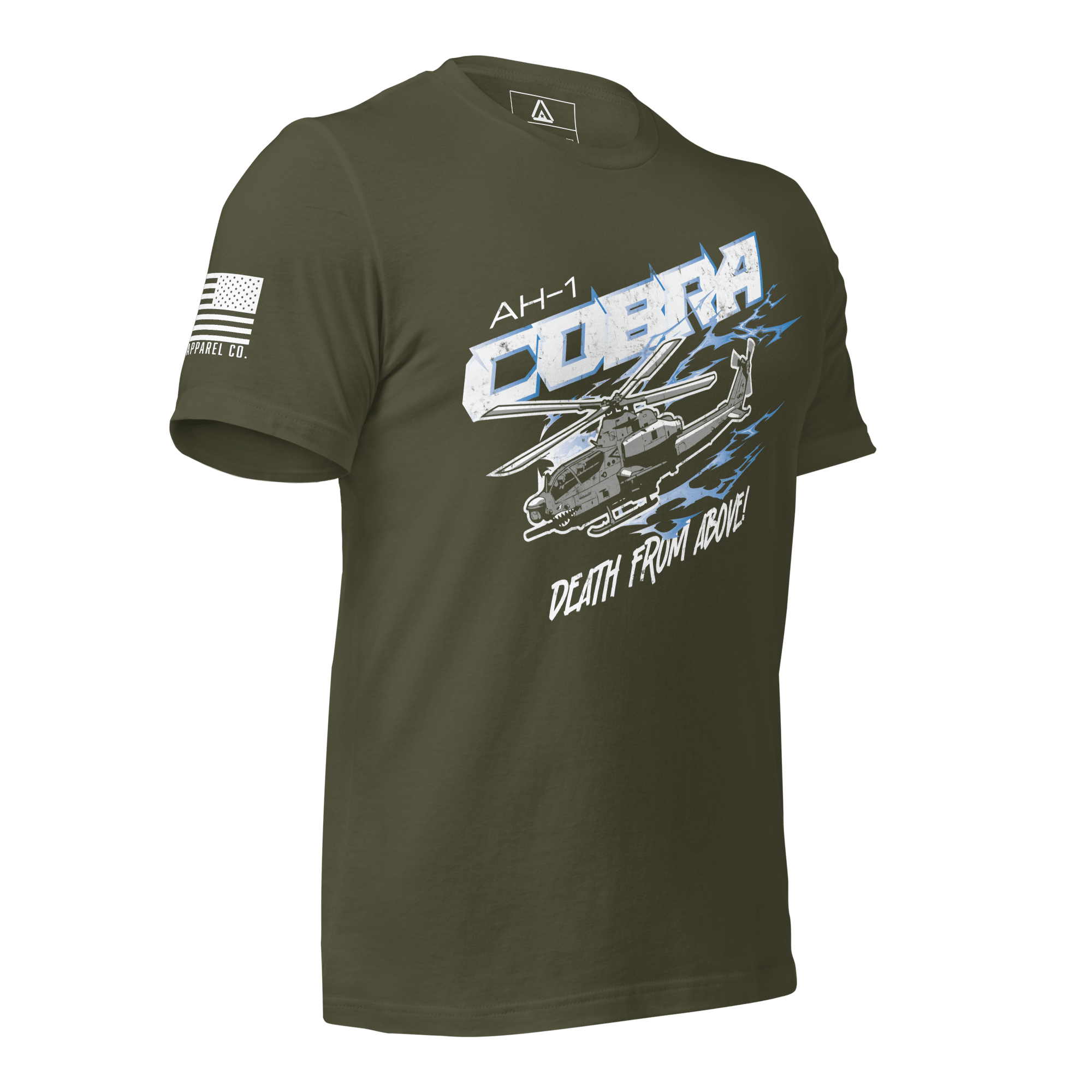 Military green t-shirt in a three-quarter view, featuring an AH-1 Cobra graphic and American flag on the sleeve.