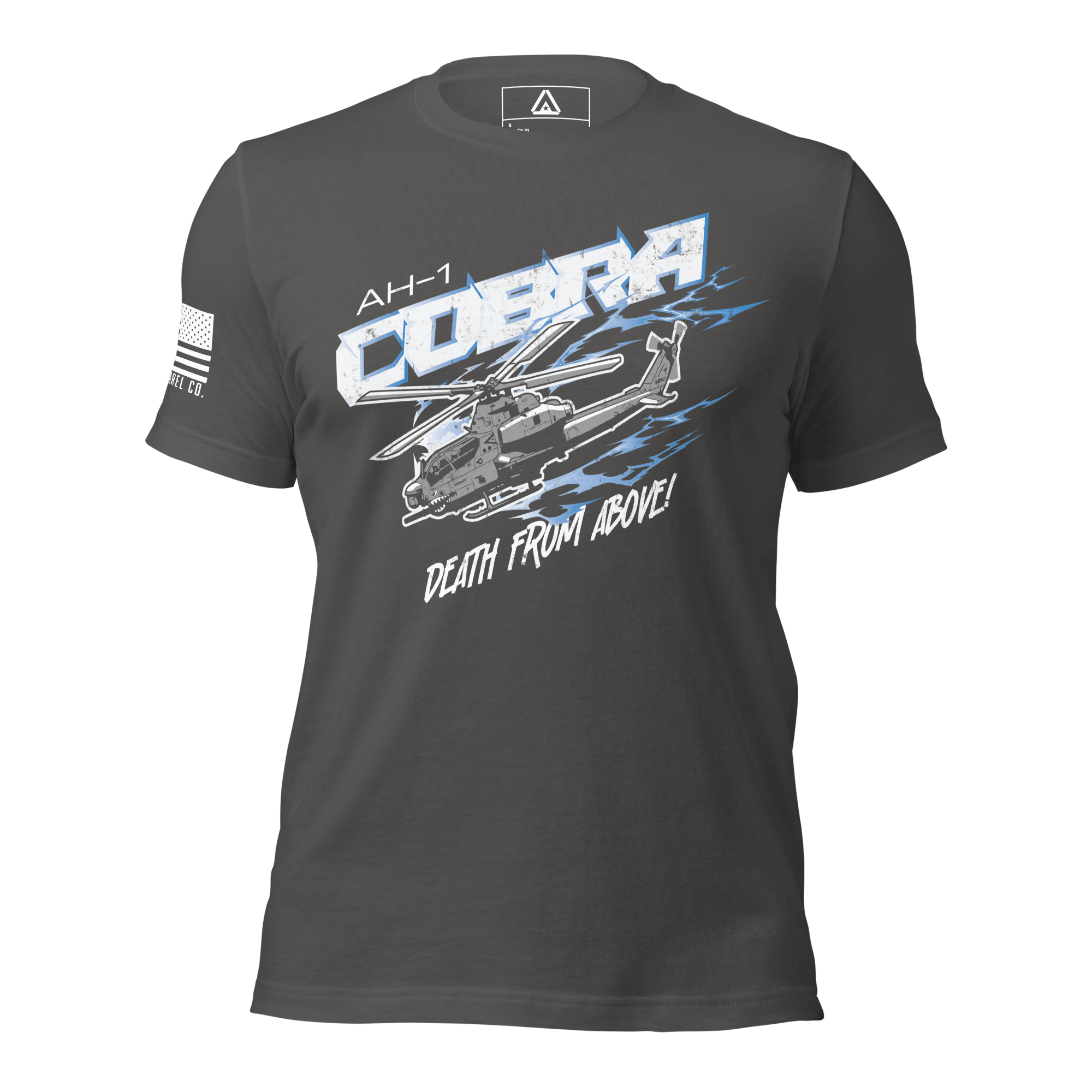 Asphalt t-shirt featuring an AH-1 Cobra graphic and an American flag on the sleeve.