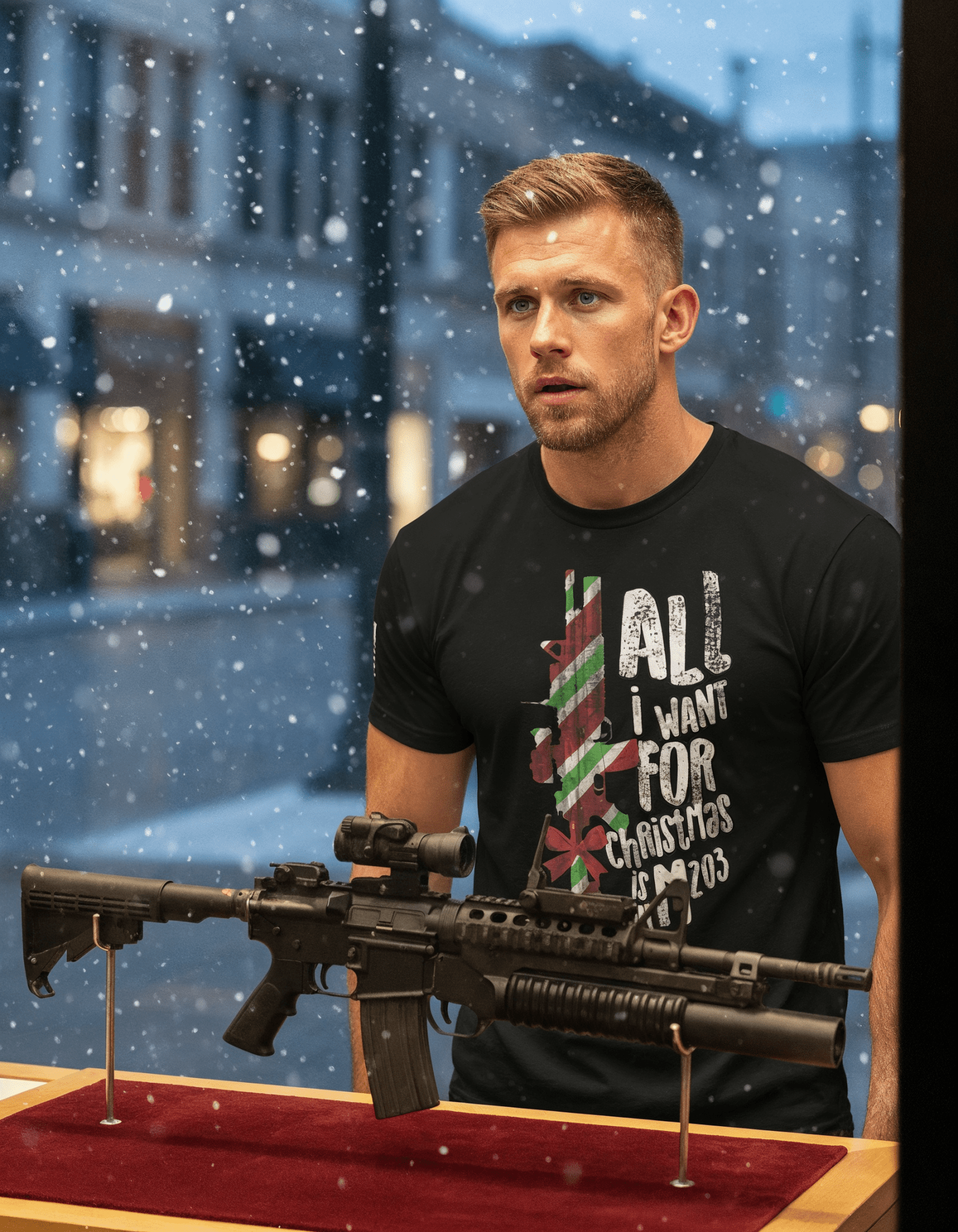 Man with blonde hair by a snowy window wearing a black M203 Christmas t-shirt behind a rifle on a red stand.