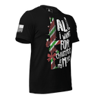 Black t-shirt angled left featuring a festive M203 rifle graphic and a white American flag on the sleeve.