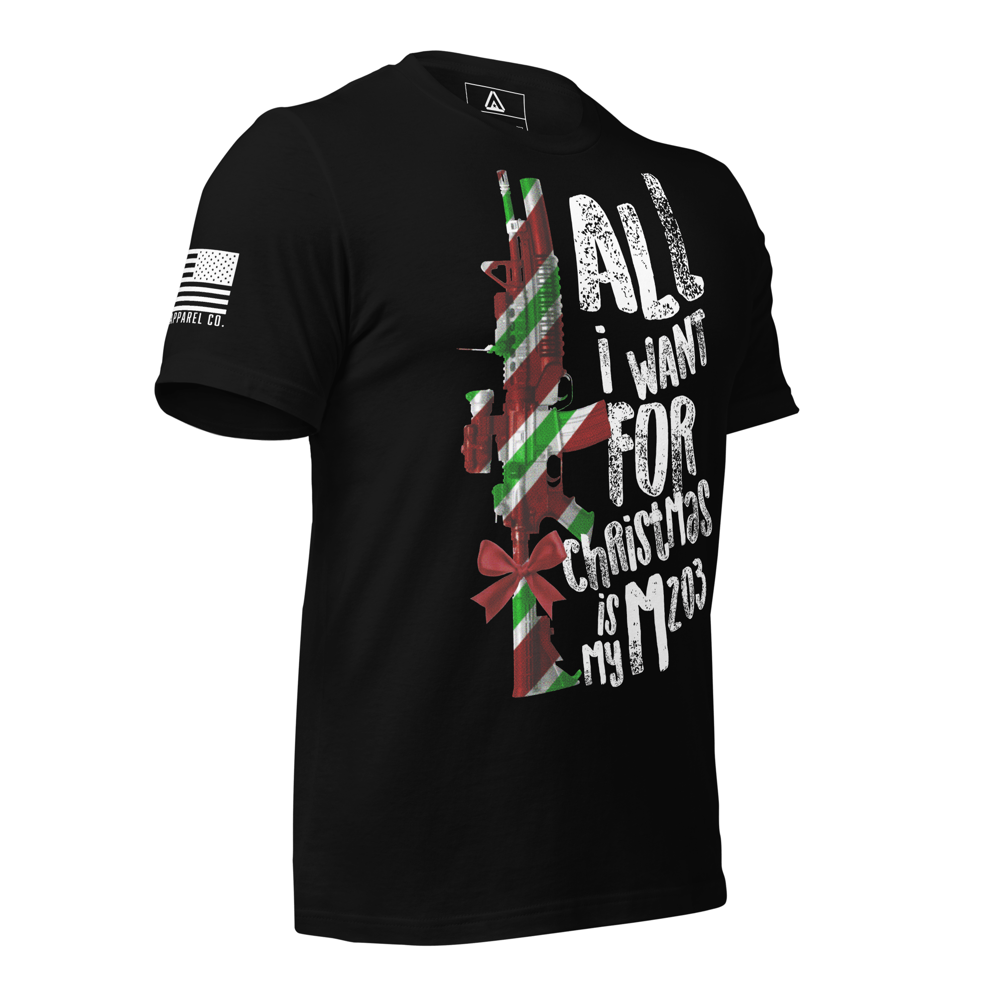 Black t-shirt angled left featuring a festive M203 rifle graphic and a white American flag on the sleeve.