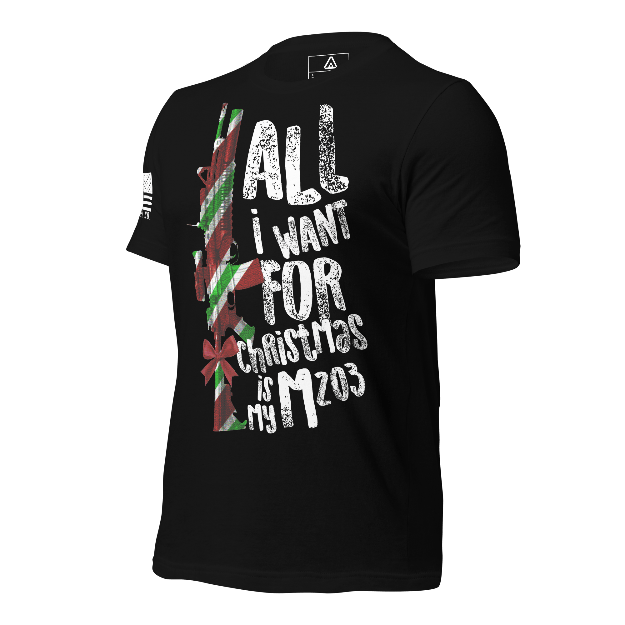 Black t-shirt angled right featuring a festive M203 rifle graphic and a white American flag on the sleeve.