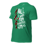 Kelly green t-shirt angled right featuring a festive M203 rifle graphic and a white American flag on the sleeve.